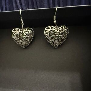 Silver plated Large Heart dangle earrings.